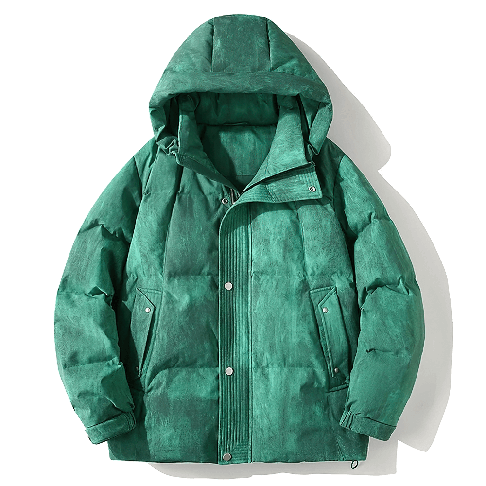 Men's green hooded puffer jacket, lightweight and padded with 90% duck down filling; perfect for winter streetwear. Style SF2260